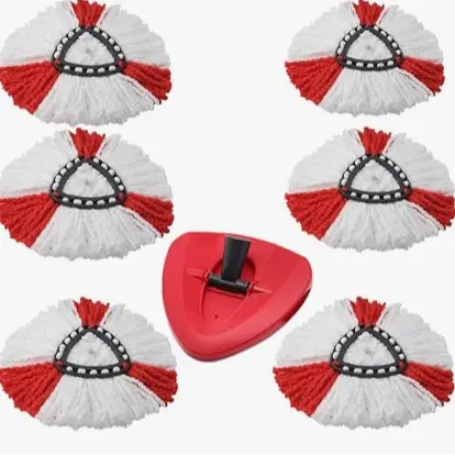 6 red and white replacement mop heads and 1 lid