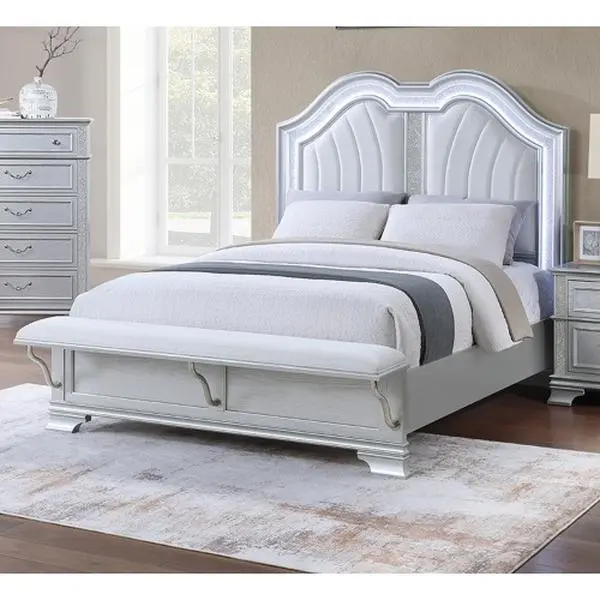 Bellemave  Contemporary Elegant  Bed w Built-in Footboard Bench Upholstered HB USB 1pc Bed Gray Finish.   1pc