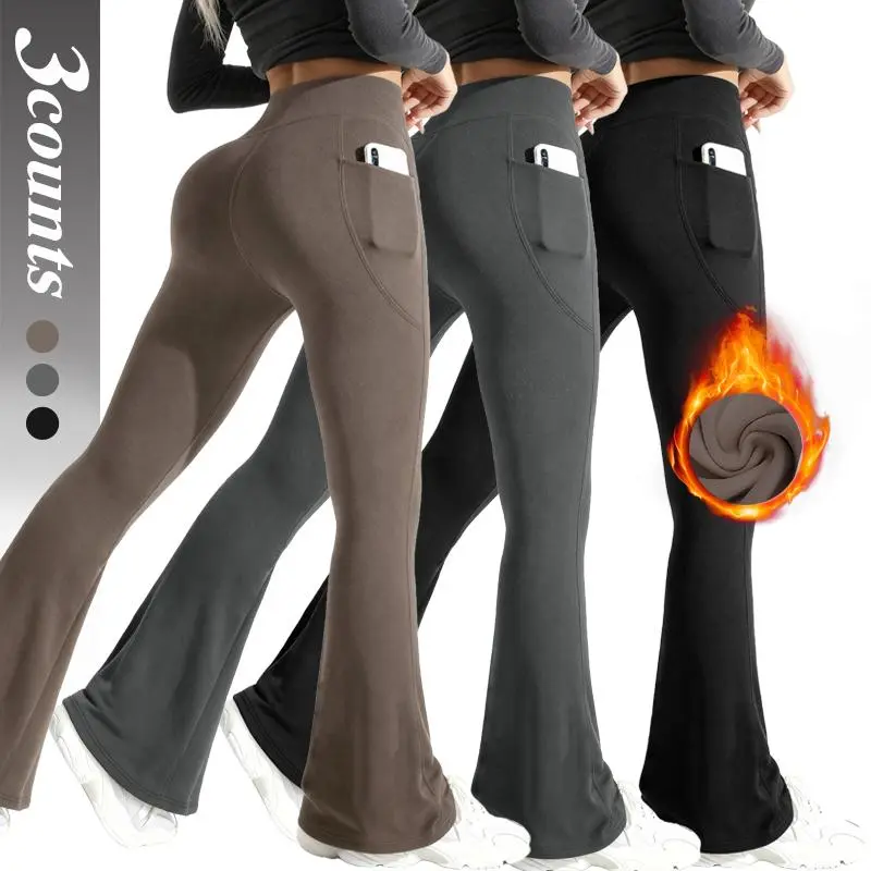 Women Fall Winter Fleece Lined Flared Yoga Pants with Side Pockets, High Waist Butt Lifting Thermal Bootcut Leggings, Stretchy Warm Sports Workout Pants