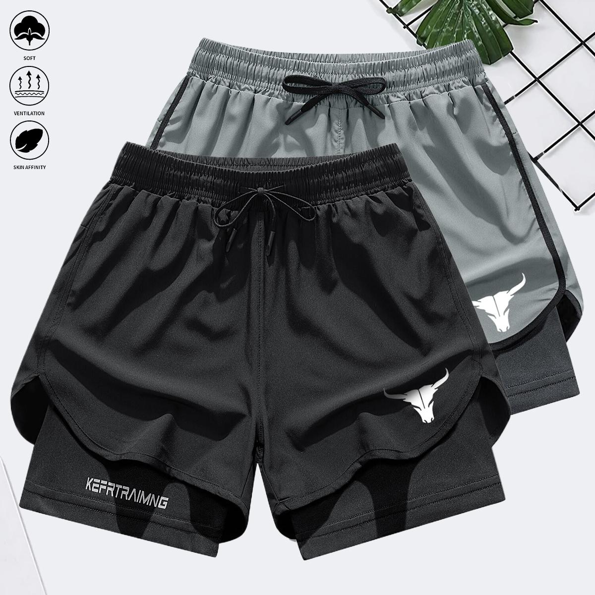 Men's two-in-one letter and bull head print double-layer drawstring waist sports shorts, quick-dry sports shorts, designed for sports, suitable for fitness and marathon training, featuring a double-layer lining. Elastic Drawstring Jogger Shorts