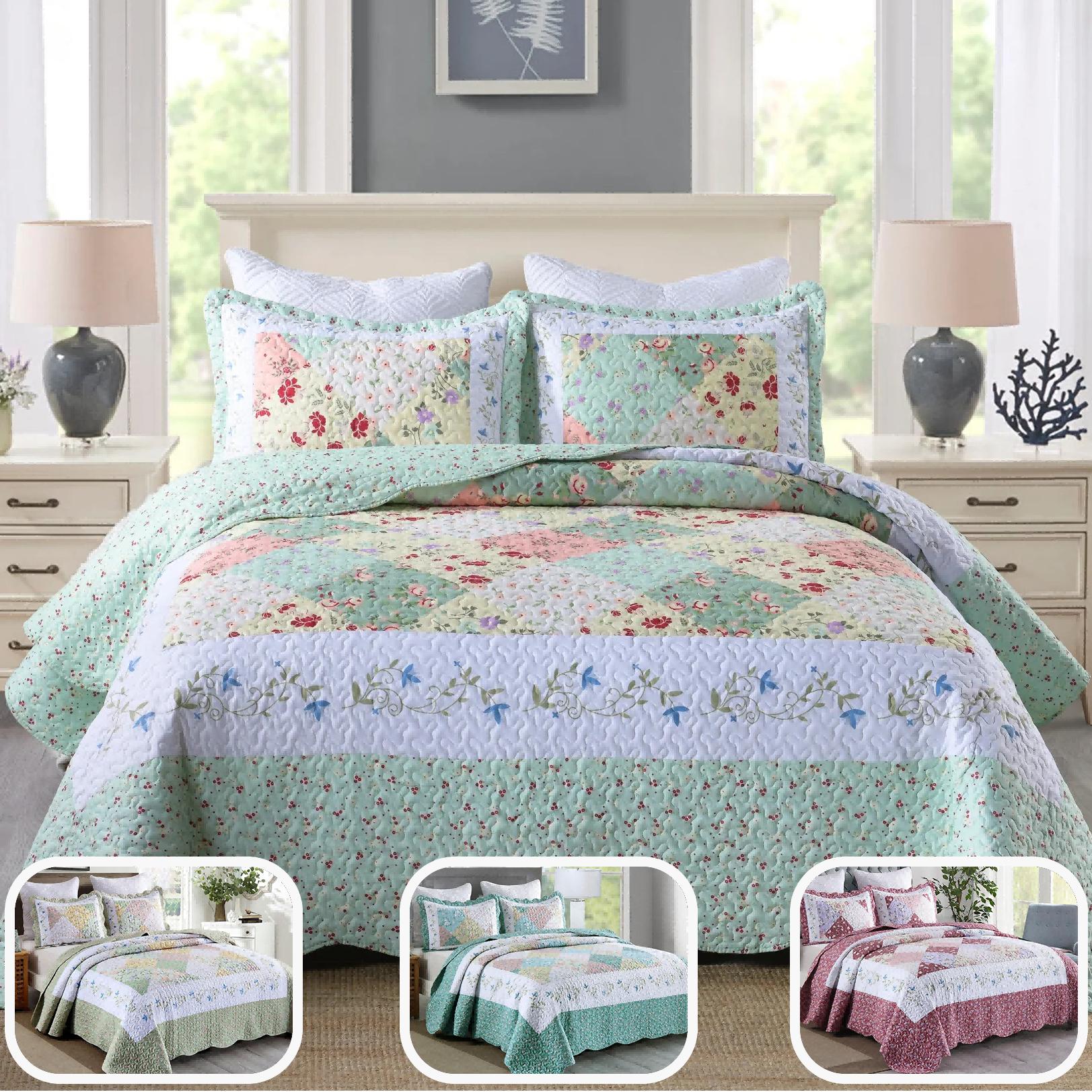 3 Piece Floral Patchwork Quilt Bedspread Set Lightweight Polyester Embroidered Quilted Bedspreads for Queen King Size Beds Flat Weave All Season