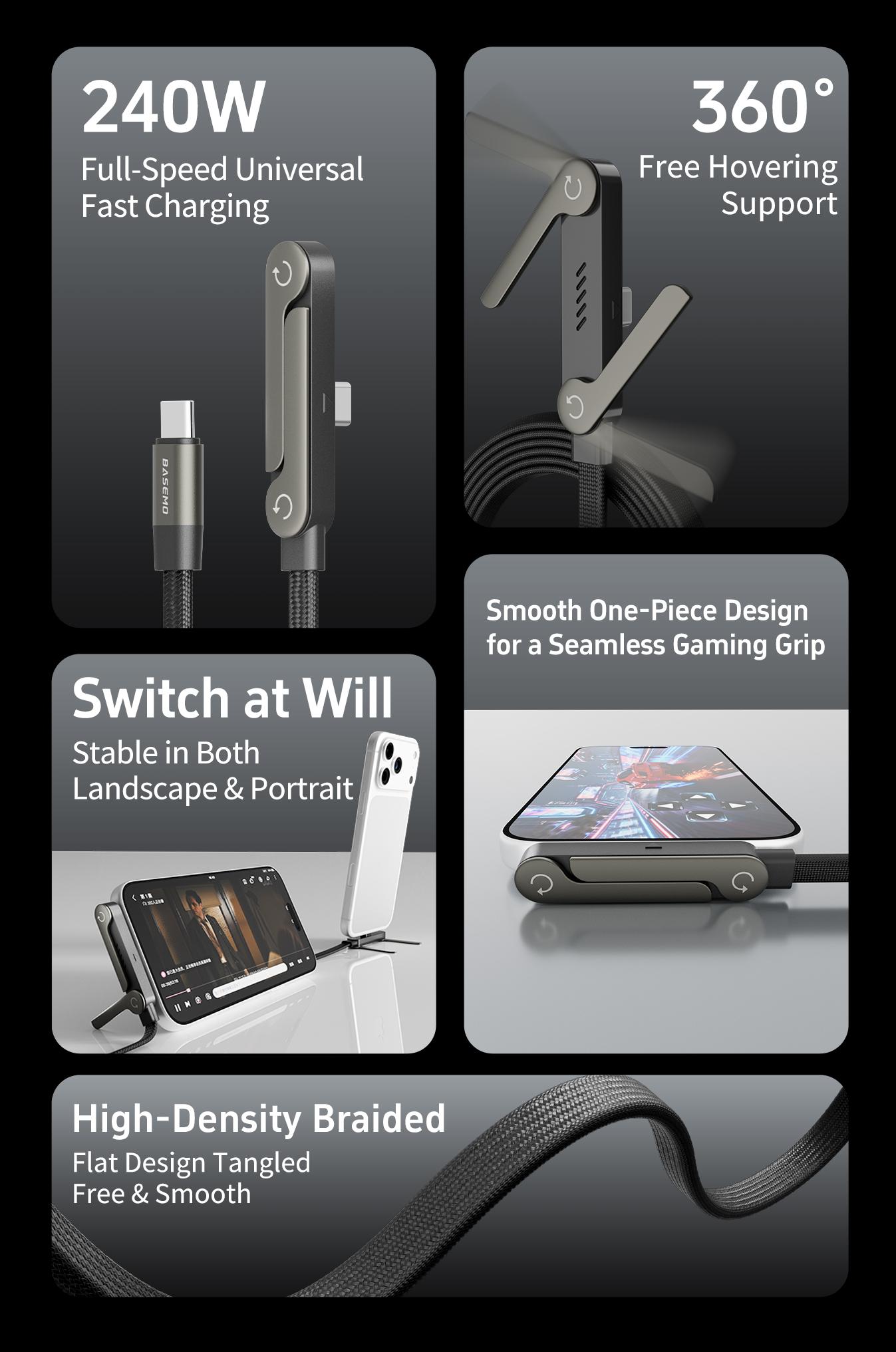 Basemo 240W Super Fast Charging Cable with Stand for iPhone Samsung Type-C Compatible Gaming Office Car Travel Black Cellphone Smartphone Mount Lightning