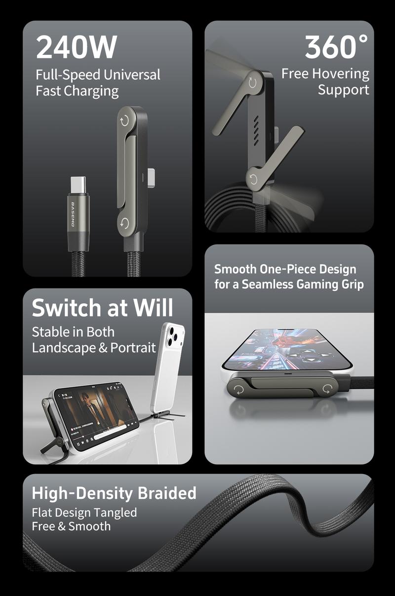 Basemo 240W Super Fast Charging Cable with Stand for iPhone Samsung Type-C Compatible Gaming Office Car Travel Black Cellphone Smartphone Mount Lightning Basemo 240W Super Fast Charging Cable with Stand for iPhone Samsung Type-C Compatible Gaming Office Car Travel Black Cellphone Smartphone Mount Lightning