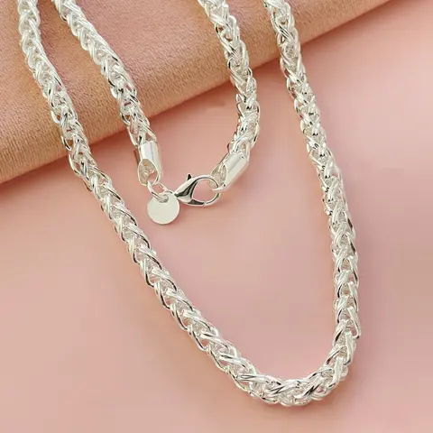Square Wheat Chain 6MM 925 Sterling Silver Plated Chains For Men Diamond Cut Braided Franco Chain Necklace For Men Women with Lobster Clasp 19.68/23.62 Inches
