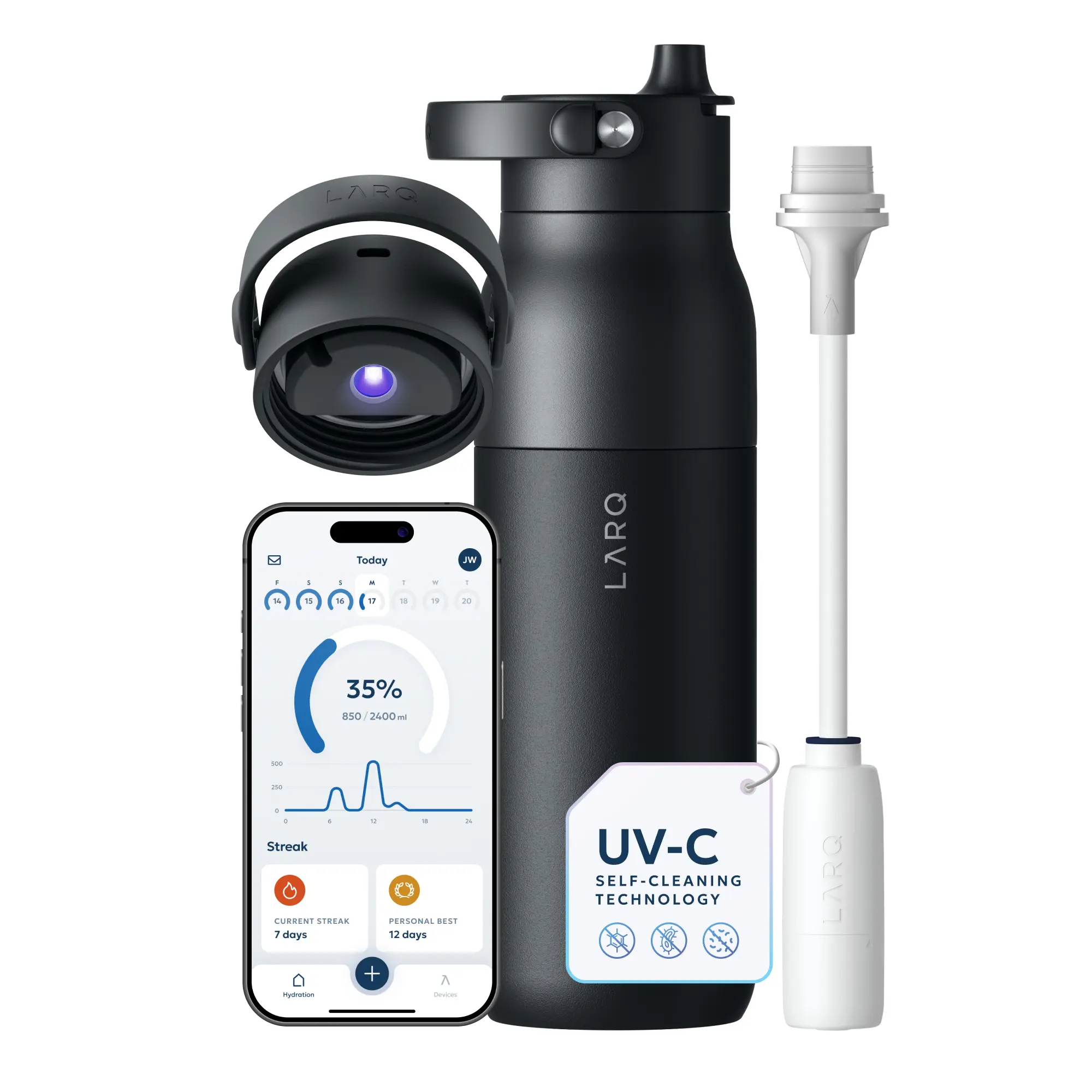 LARQ PureVis 2 Self Cleaning Water Bottle - UV Water Purifier with Filter Straw, Smart App Hydration Tracking, Insulated Stainless Steel