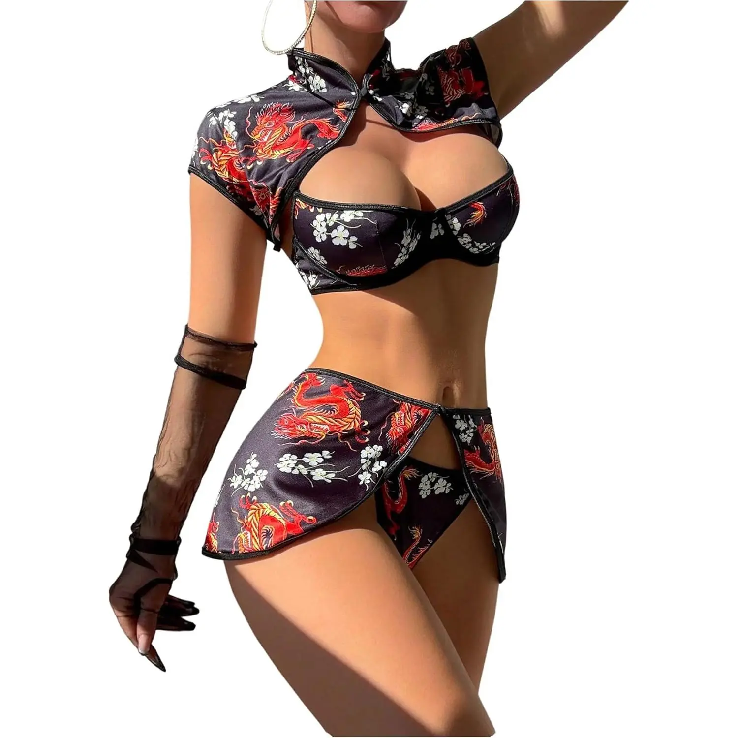 Women's 4-Piece Sexy Linen Lingerie Set - Cheongsam Style Dragon Print Cosplay Gear, High Collar, Mini Skirt, Large/XL Sizes, High Neck