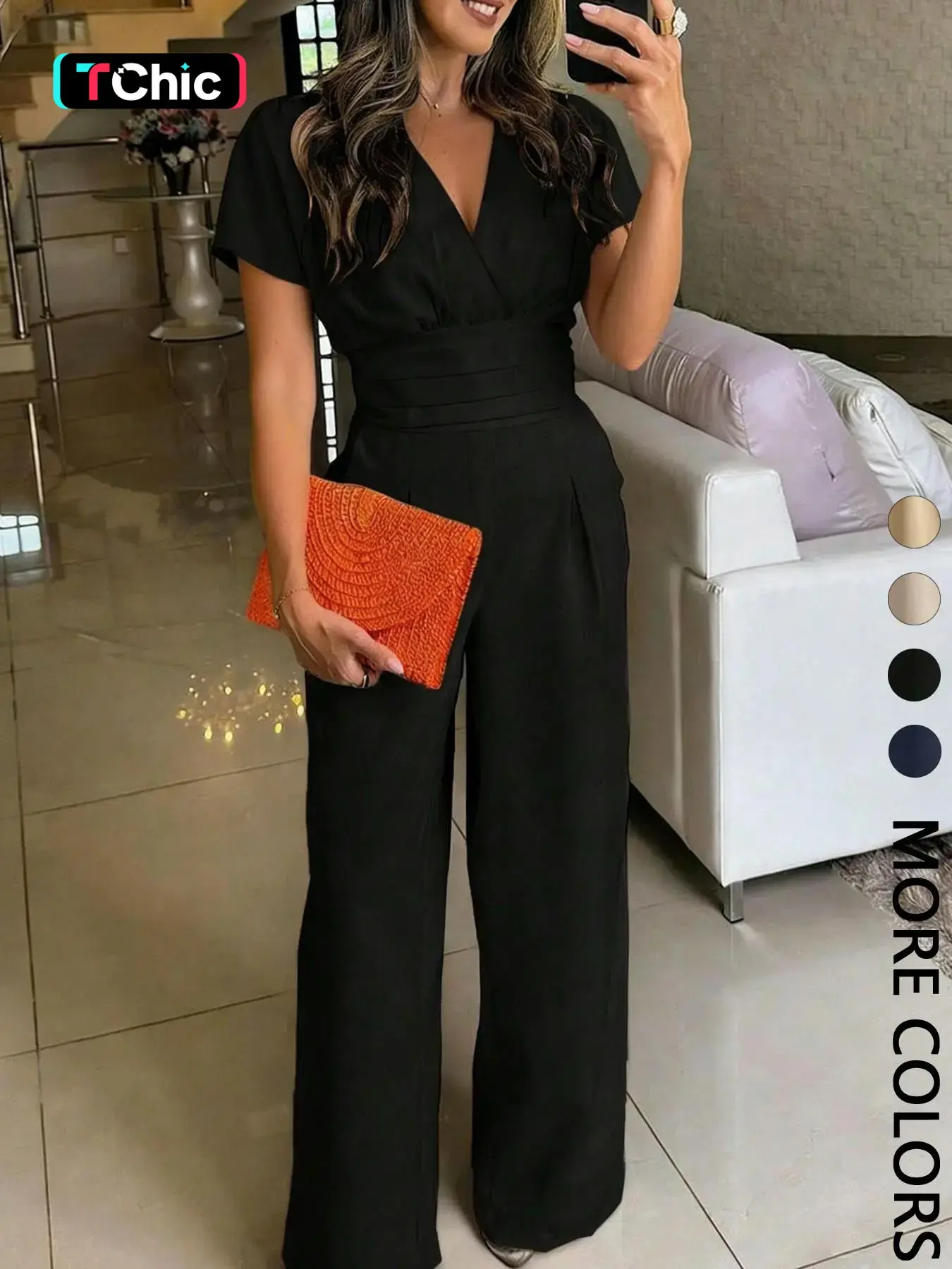 Women's Solid Color Short Sleeve Wide-Leg Jumpsuit, Elastic Fit, Surplice V-Neck & Keyhole Back Design, Drapey Breathable Woven Fabric, Ideal for Office Work, Cocktail Party & Daily Wear, Chic Jumpsuit With Pockets
