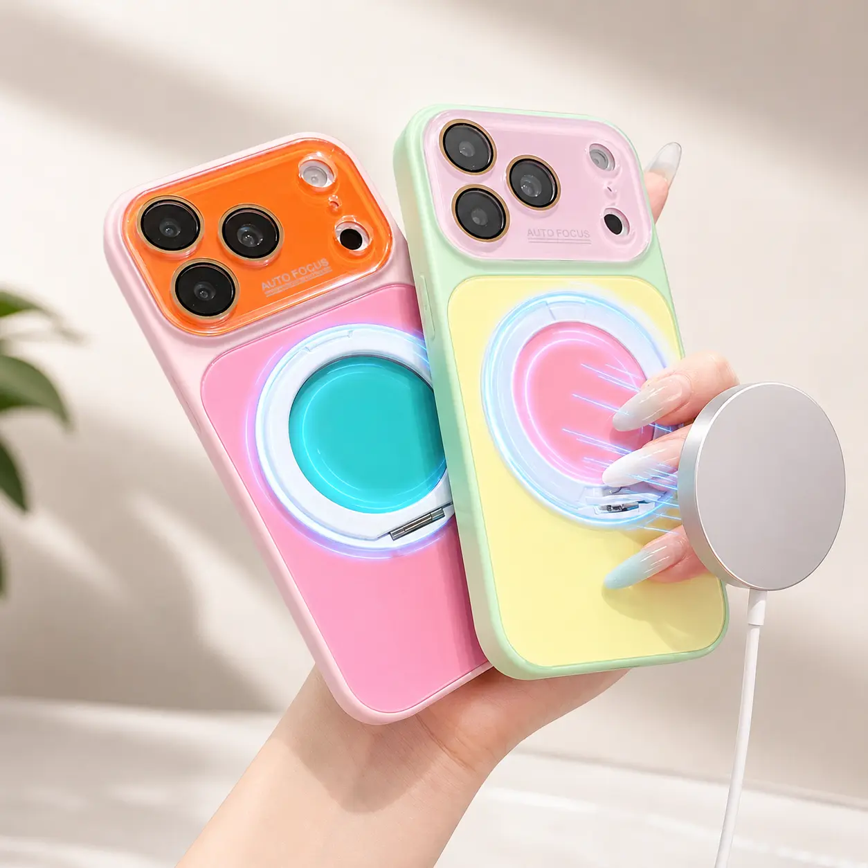 Dopamine Colors Magnetic Case for iPhone 17 16 15 14 Pro Max, with 360° Rotating Ring Stand, Colorblock Glossy Shockproof Cover with Full Camera Protection, Wireless Charging Compatible with MagSafe, Best Gift for Women Girls