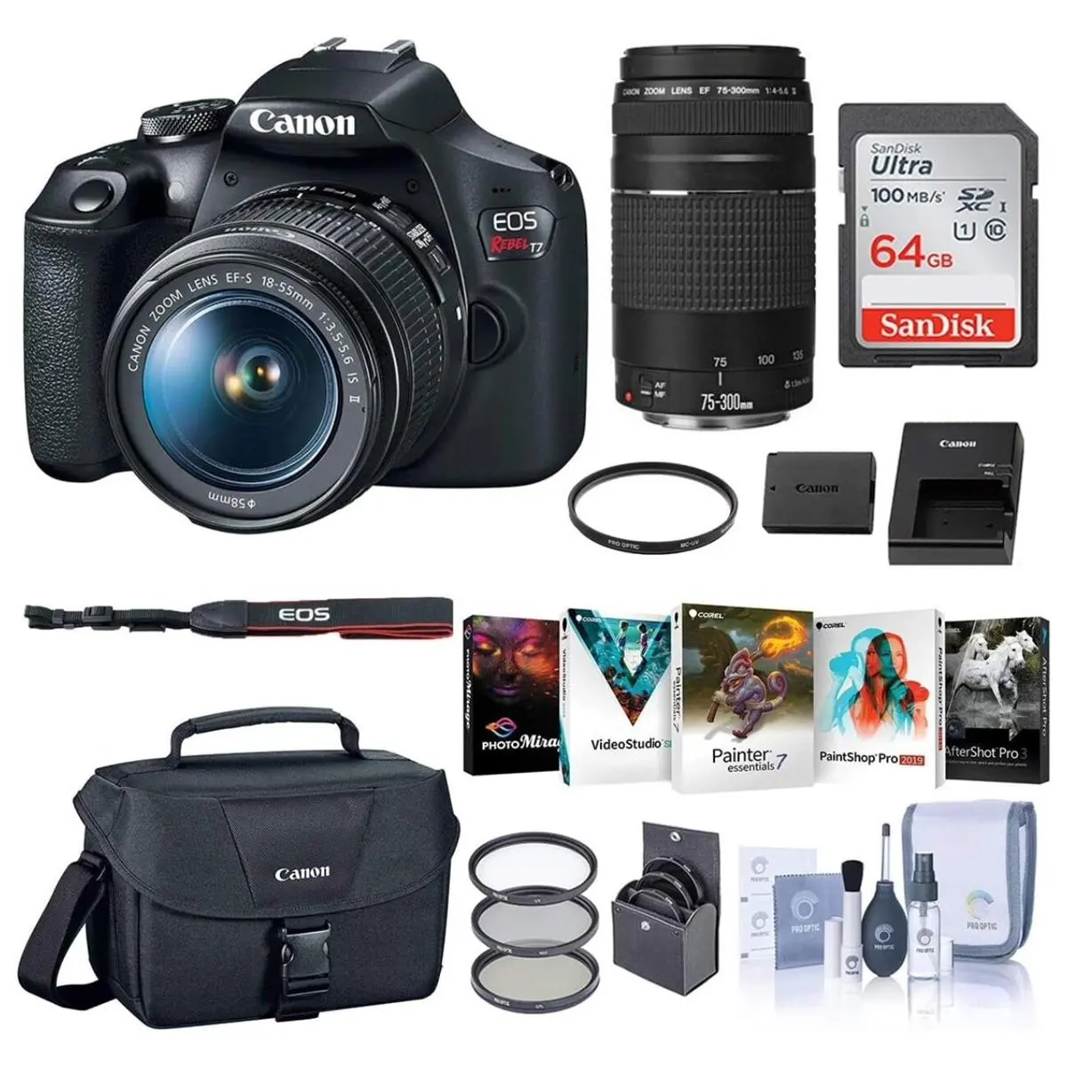 Canon EOS Rebel T7 DSLR Camera with EF-S 18-55mm and EF 75-300mm Lens Bundle with Bag, 64GB SD Card, Corel PC Photo and Video Software Pack and Accessories