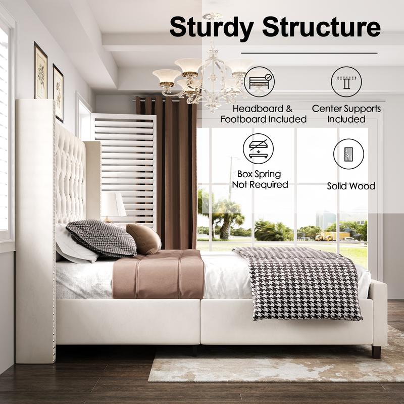AMERLIFE 61.4" Tall Bed Frame, Modern Upholstered Bed, Wingback Headboard, Velvet Tufted Handcrafted Pleat Deep Button/Comfort Luxury Design/Interior Wood Slats/No Box Spring Needed, Queen/King Size/Best Gift Ideas/Christmas Gifts