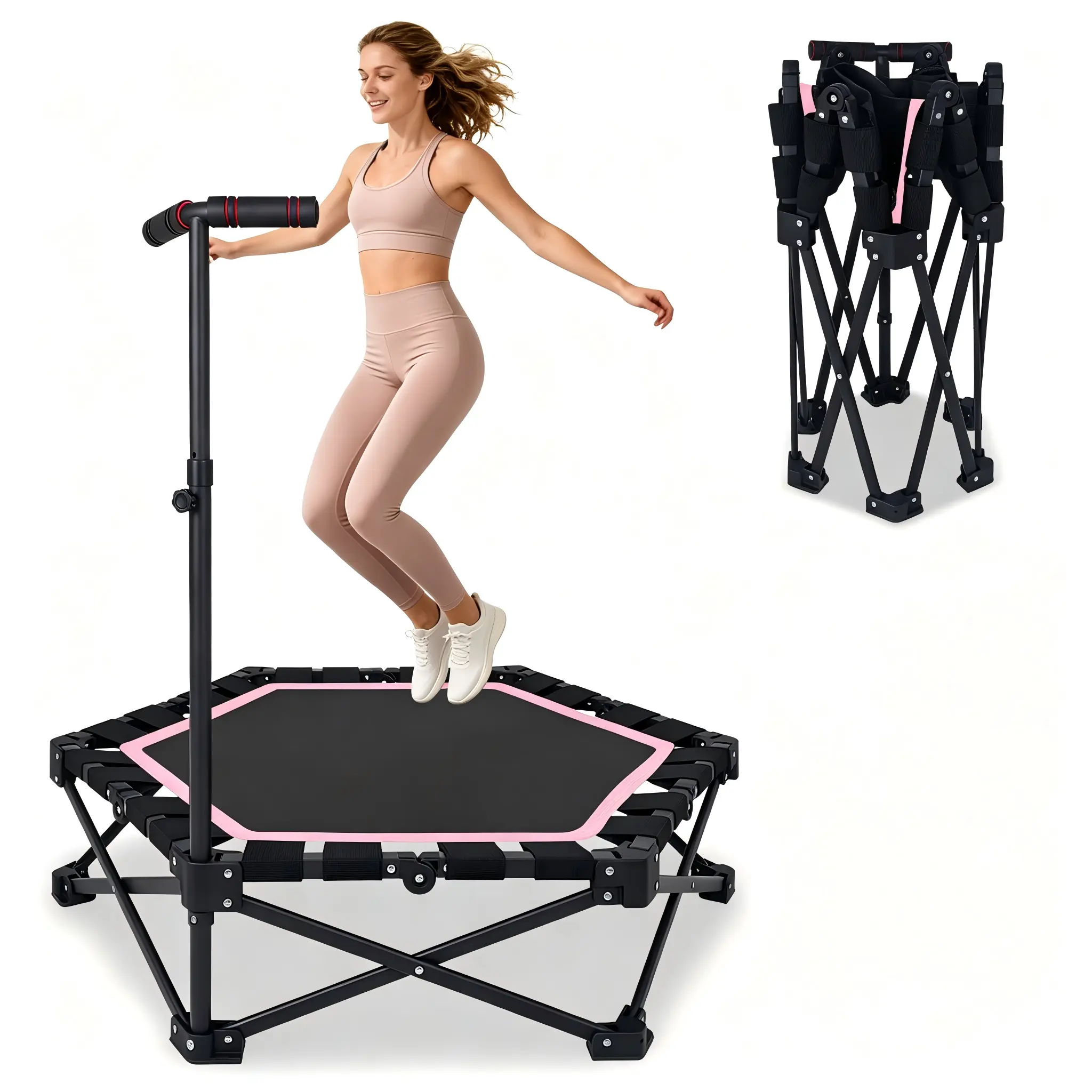 SAYGOGO 42" Foldable Unisex Mini Rebounder Trampoline for Adults, 1-Step Fold & Open, 330lbs Max Load, 3-Level Adjustable T-Bar, Bouncing Indoor & Outdoor Workout Equipment, Easy Storage, Pink, Full Body Fit