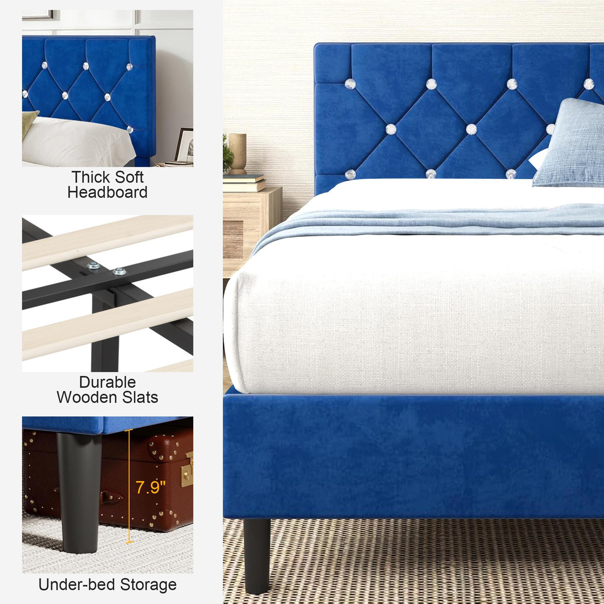 VECELO Twin Full Queen Size Upholstered Bed Frame with Button Tufted Adjustable Diamond Headboard, Wood Slat Support, Modern Design, Easy to Assemble