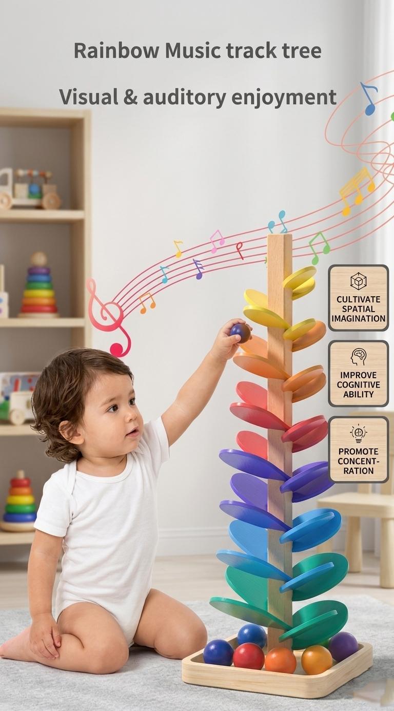 Rainbow Music Tree Wooden Marble Run Toy | Large 3cm Safety Marbles Wooden Sound Tree | Montessori Sensory Educational Toys for Toddlers Kids Boys Girls Birthday Gift (70cm)