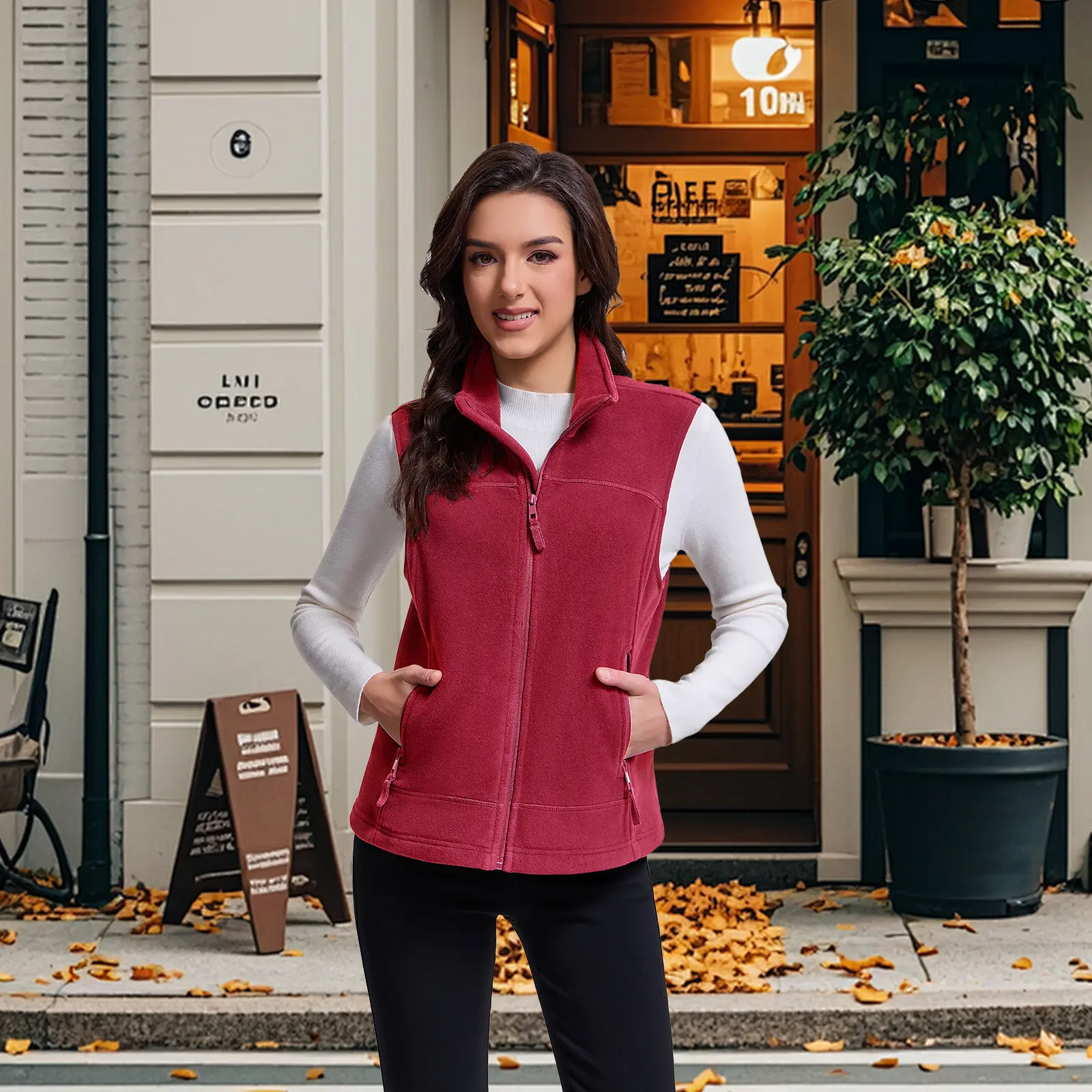 Women's Polar Fleece Vest - Sleeveless Full-Zip Slim Fit Outerwear with Stand Collar, Pockets, Casual Layering Top for Outdoor & Everyday Use, Soft Winter Minimalist Women's Clothes, Lady, Basic, Polyester, Solid, All Seasons, Mid Length