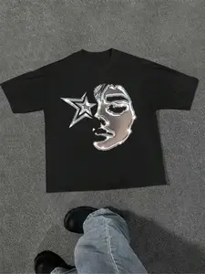 Men's Figure & Star Print Drop Shoulder Tee Casual Regular Fit Street Fashion Short Sleeve Round Neck T-shirt for Daily Wear Men's Clothes for Summer