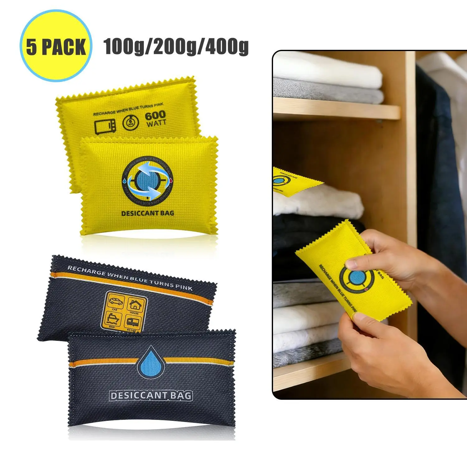 Moisture Absorbers 5 Pack Set,Reusable Color Changing Silica Gel Desiccant Packs, Microwave Renewable Moisture Absorber for Home Car Wardrobe Shoe Cabinet Storage summerwins