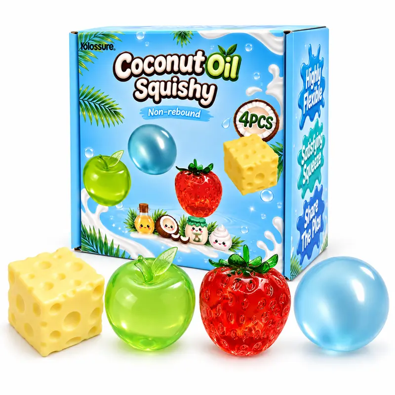 COCONUT OIL Squishy 4PCS Non-Rebound Moldable Fidget Set, Kids Sensory Stress Relief Mini Toys, Assorted Colorful Shapes for Party Favors, Birthday Gifts & Classroom Prizes