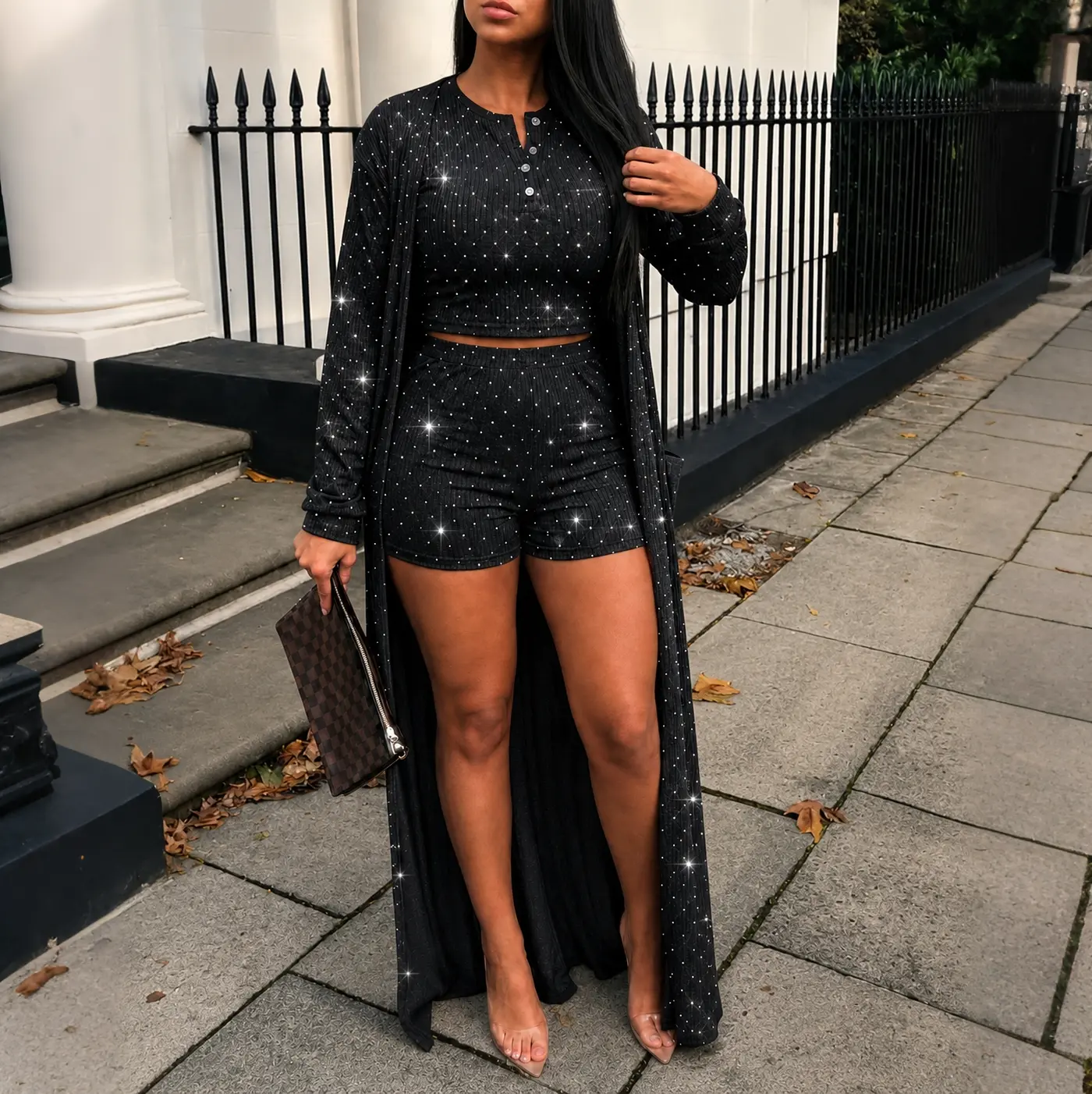 CHICME Women's 3 Piece Outfit Rhinestone Decor Henley Crop Tank Top and High Waist Shorts Set with Longline Cardigan Sexy Ribbed Knit Lounge Set Sparkly Summer Vacation Co-ord Set Casual Womenswear