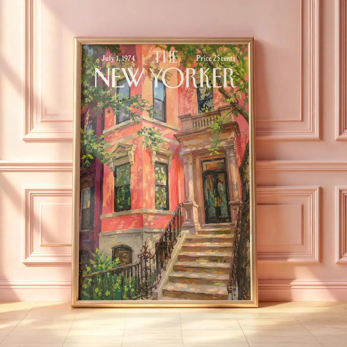 Vintage New Yorker Poster, Retro Pink Brownstone Townhouse Print, Historic NYC Architecture Wall Art, Mid-Century Magazine Cover