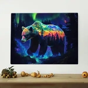 2D Flat A Wooden Frame Painting A Bear Made of The Aurora Borealis Elegant Pine Wood Frame, Perfect for Office, Bedroom, Kitchen, Living Room Decor, Kitchen Decor, Decorative Wall Decor	