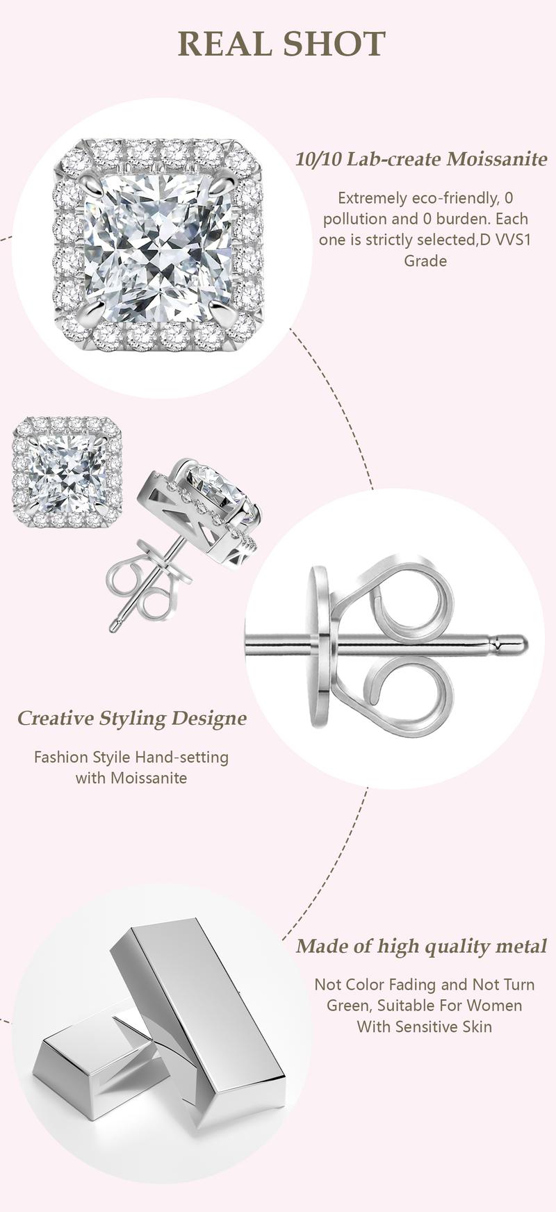 Delzzad S925 Radiant Cut VVS Synthetic Moissanite Stud Earrings Daily Costume Jewelry Accessories Perfect Birthday Anniversary Gift for Women Wedding Set