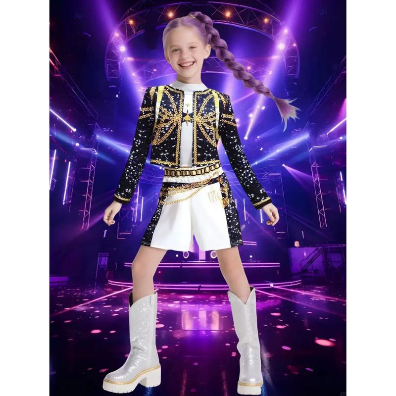 Girls K-POP Demon Huntre Huntrix Rumi Mira Role Play Costume Set Girls 3pcs Short Sleeve Crop Top Skirt Halloween Party Dress Up Clothes Birthday gift for Kids Comfortable Polyester Fabric Superstar Outfit