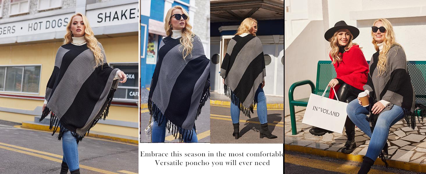 IN'VOLAND Women's Knitted Shawl Poncho with Fringed Capelet V-Neck Striped Sweater Pullover Cape Strapless