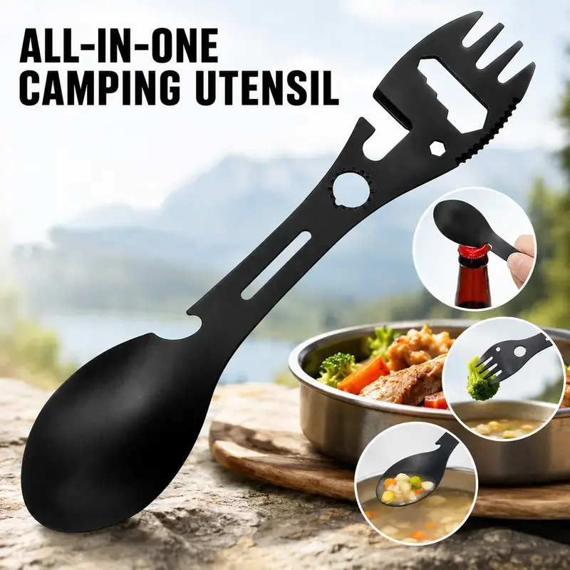 1PC Stainless Steel Multi-Tool Spoon Set, Camping Utensils, Camping Supplies, Includes Bottle Opener, Wrench, Direction Indicator, Ideal for Camping Hiking Backpacking
