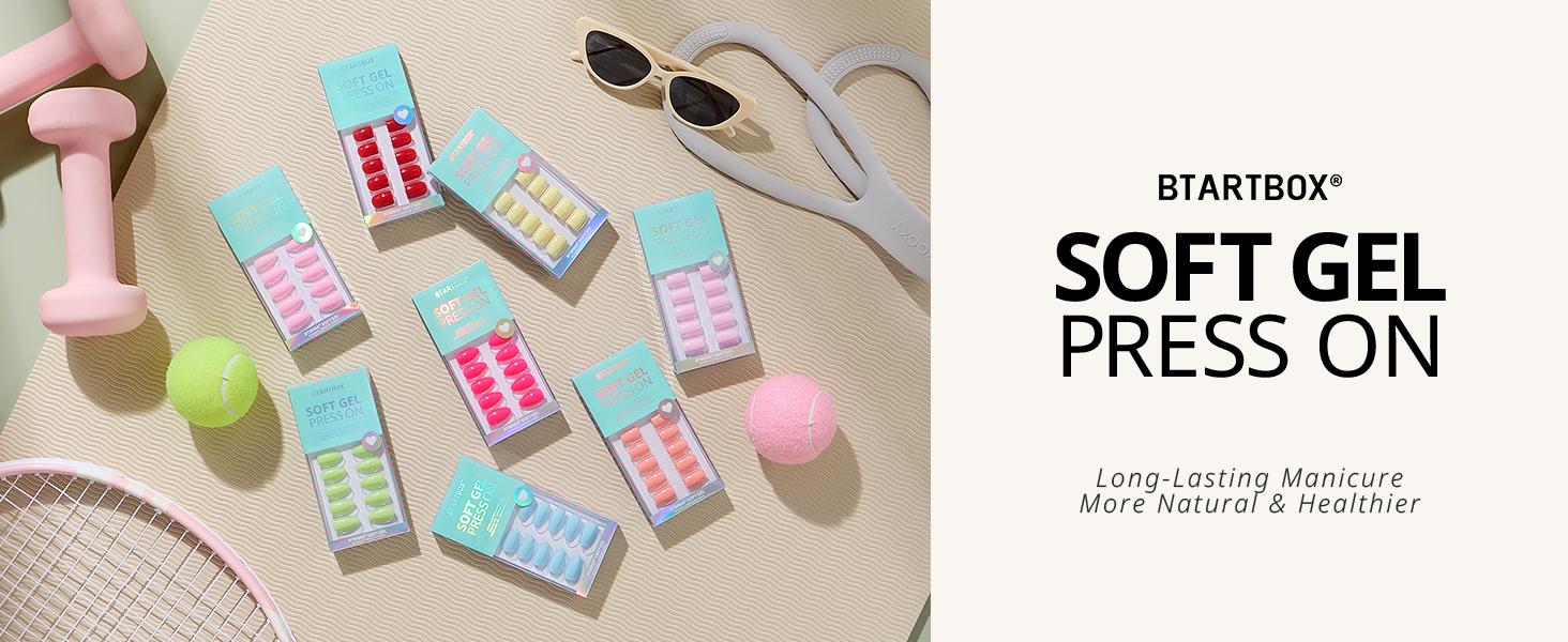 BTArtbox Press On Nails - Pastel Short Press On Nails with Glue for Women, Square or Almond Opaque Soft Gel Glue On Nails in 16 Sizes - 32 Stick On Nails Kit