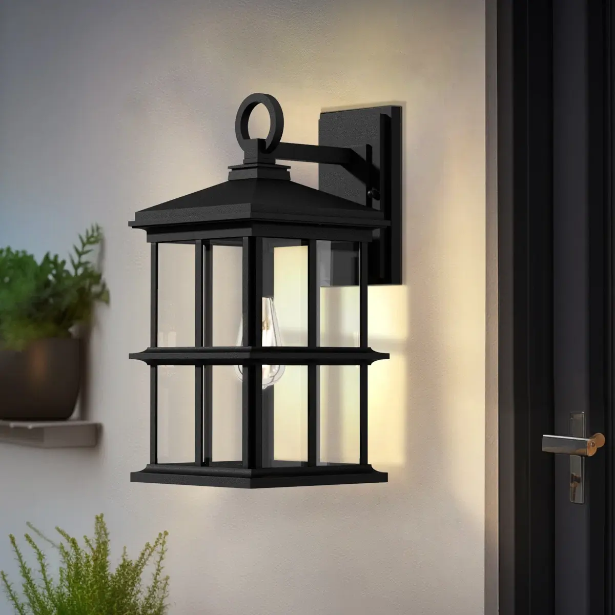 Farmhouse Outdoor Wall Lantern, Black Metal Frame with Clear Glass Shade,
