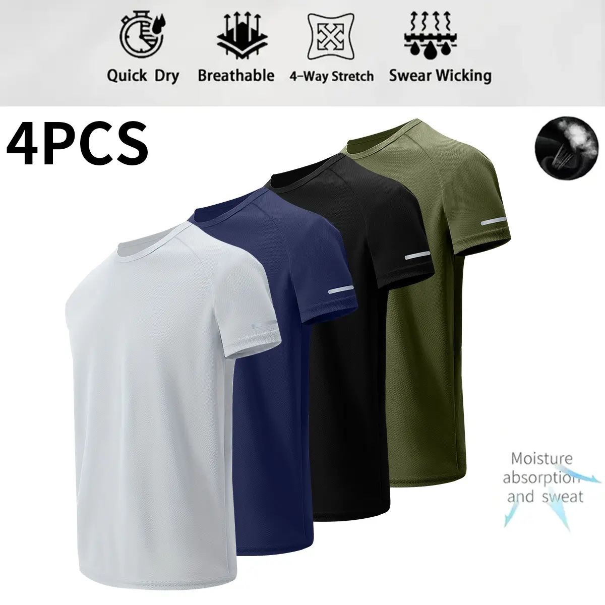4-piece casual athletic printed T-shirt set with reflective stripes; multiple solid-color styles; breathable quick-dry short-sleeve crewneck tops; running shirts; moisture-wicking T-shirts, Gym Apparel graphic tee t shirt clothing merch flash sale t shirt