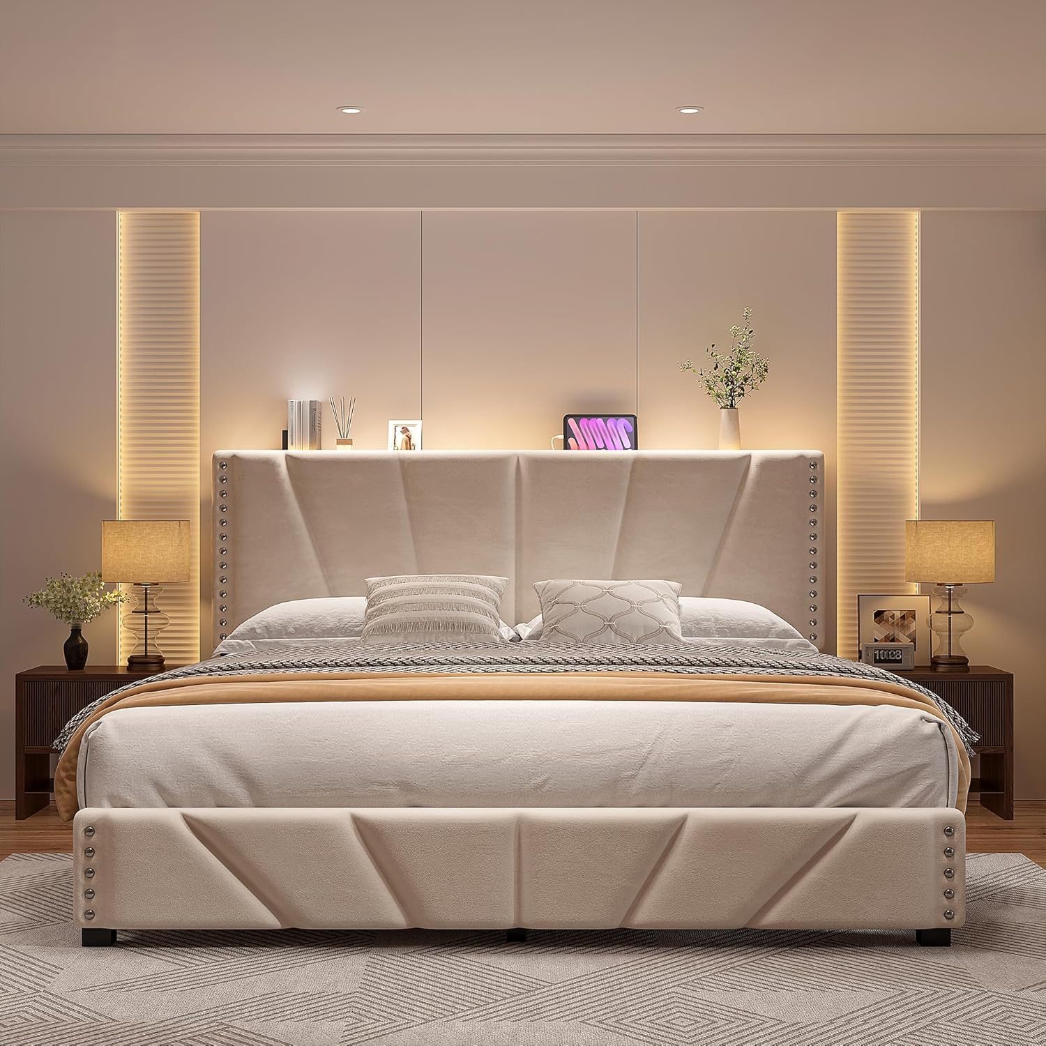 RaybeeFurniture Bed frame for Queen Bed Frame with Headboard&Storage,NO MATTRESS,  Luxury Upholstered Bed Frame with Storage, 2 Drawers & Shelf on Headboard, NO Noise, KING, FULL, Twin, Mother's Day Gifts