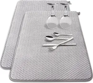 2 Pack Microfiber Dish Drying Mat,24 x 17 inch Super Absorbent Drying Pad,Large Size Dish Drying Mat for Countertops,Sinks,Draining Racks,Gray