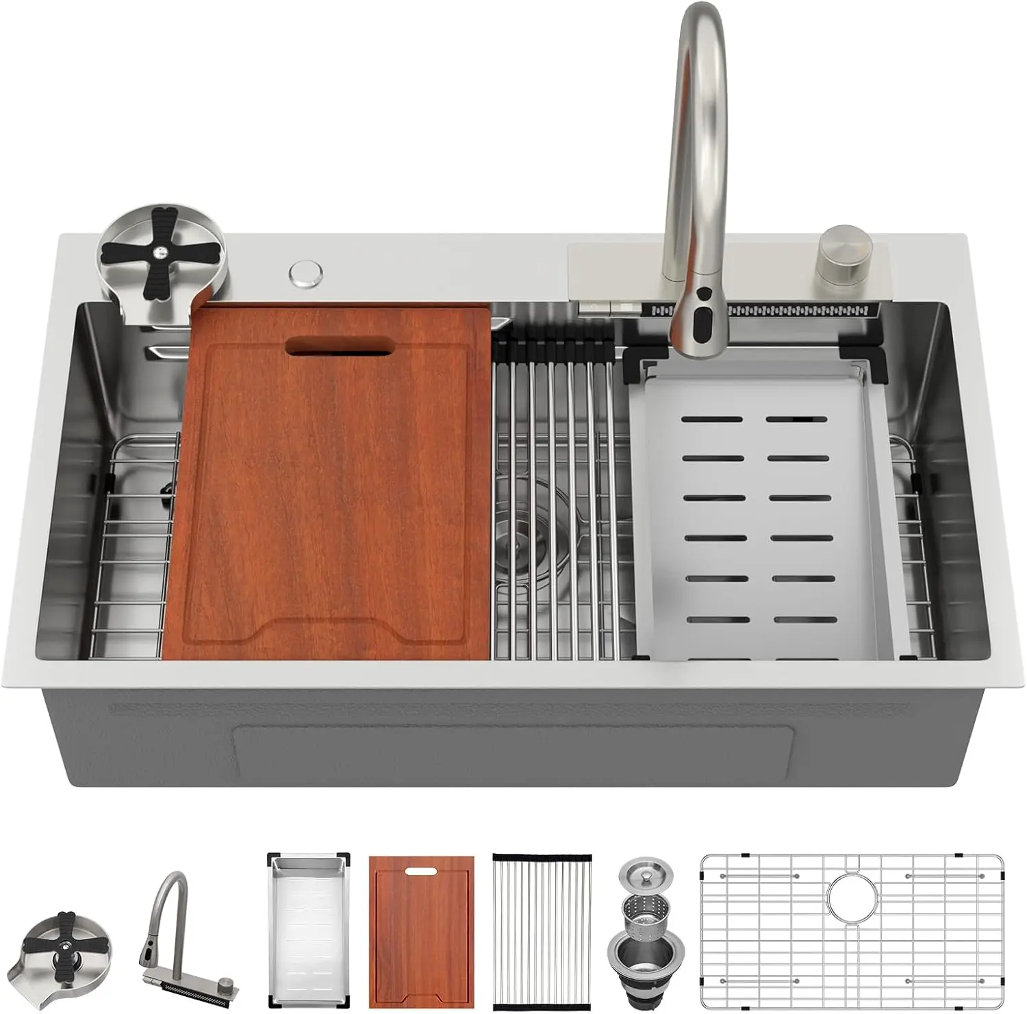 LORDEAR 33"l x 19 1/4"w x 9"h Rectangular Drop-in Single Bowl Industrial Stainless Steel Kitchen Sink with Anti-Condensation Coating, Adjustable Pull-Down Faucet, Bottom Rinse Grid & Multifunctional Accessories