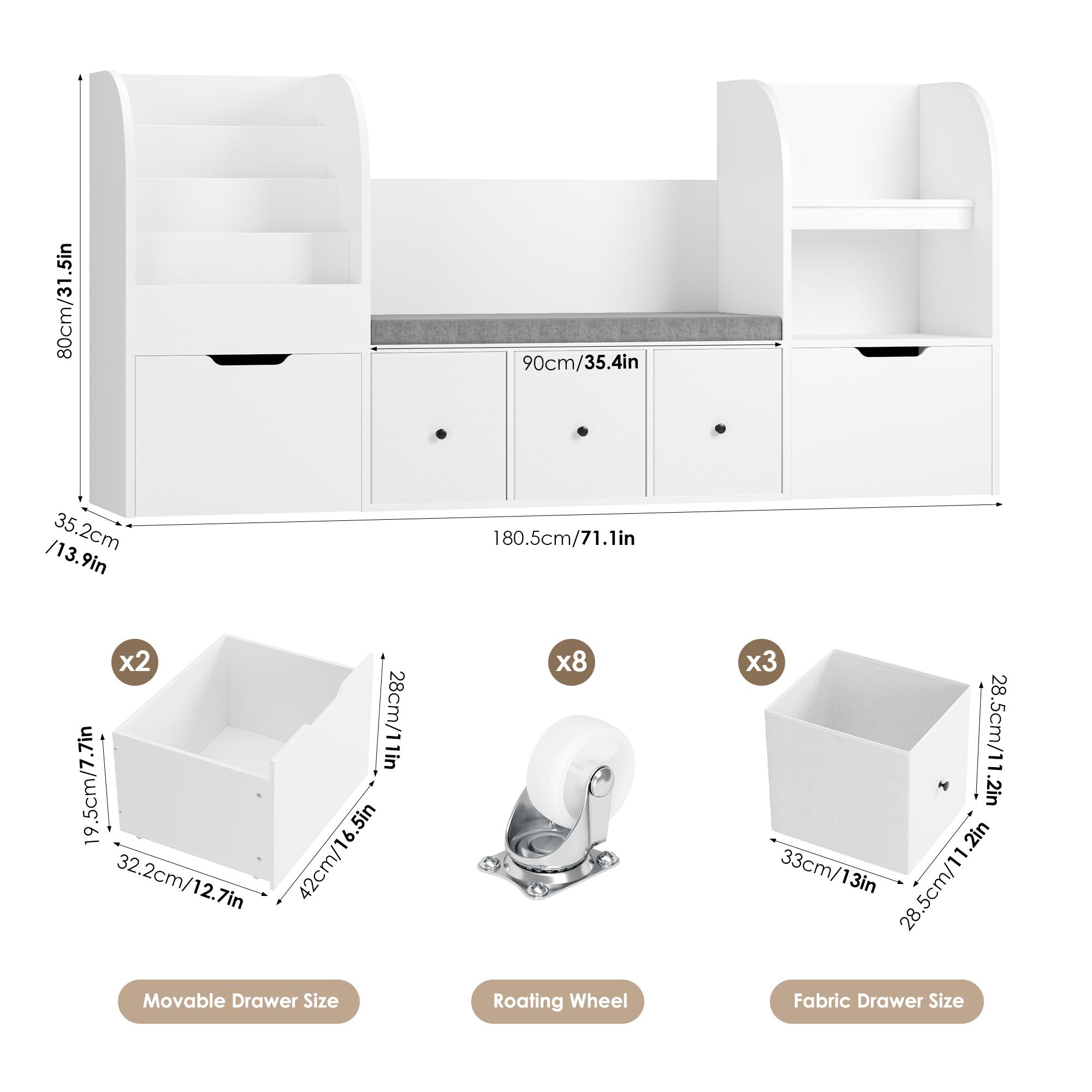 FOTOSOK 71” Kids Bookshelf with Reading Nook, Toy Storage Organizer with Seat Cushion and 2 Movable Drawers & 3 Toy Chests, Kids Reading Nook Toy Organizers and Storage with Bench for Playroom