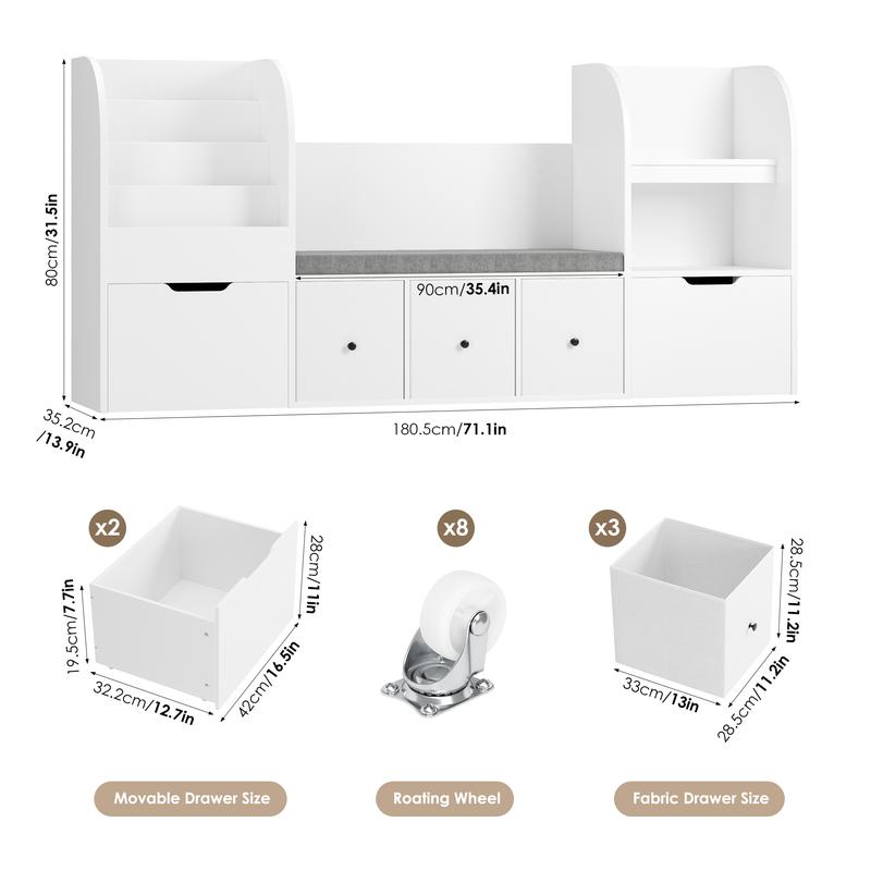 FOTOSOK 71” Kids Bookshelf with Reading Nook, Toy Storage Organizer with Seat Cushion and 2 Movable Drawers & 3 Toy Chests, Kids Reading Nook Toy Organizers and Storage with Bench for Playroom