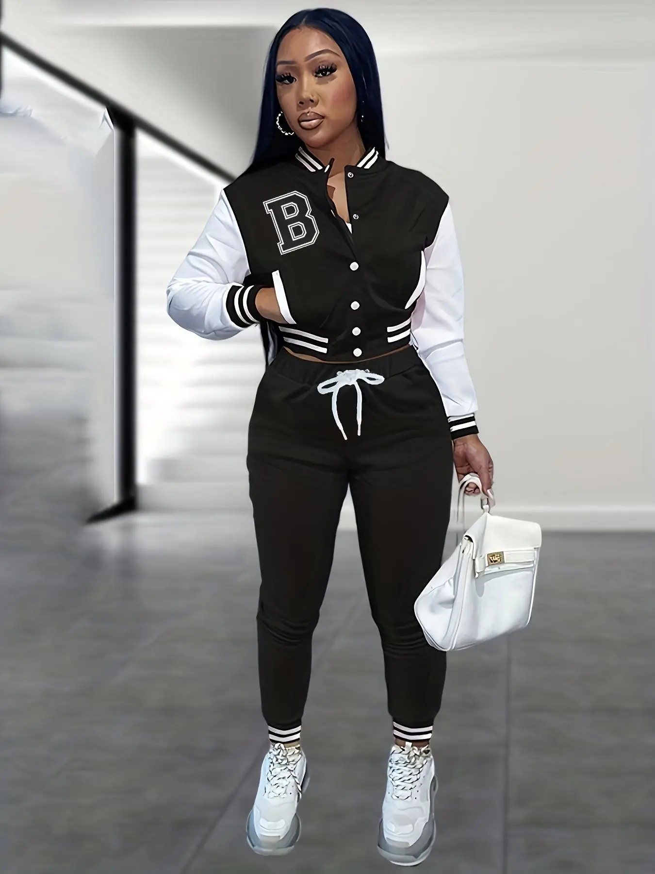 Two-Piece Set Women's Letter Print Crop Long Sleeve Button Jacket & Pants, Casual Fashion Cozy Breathable Outfits for Daily Outdoor Wear, Women's Clothes for Winter
