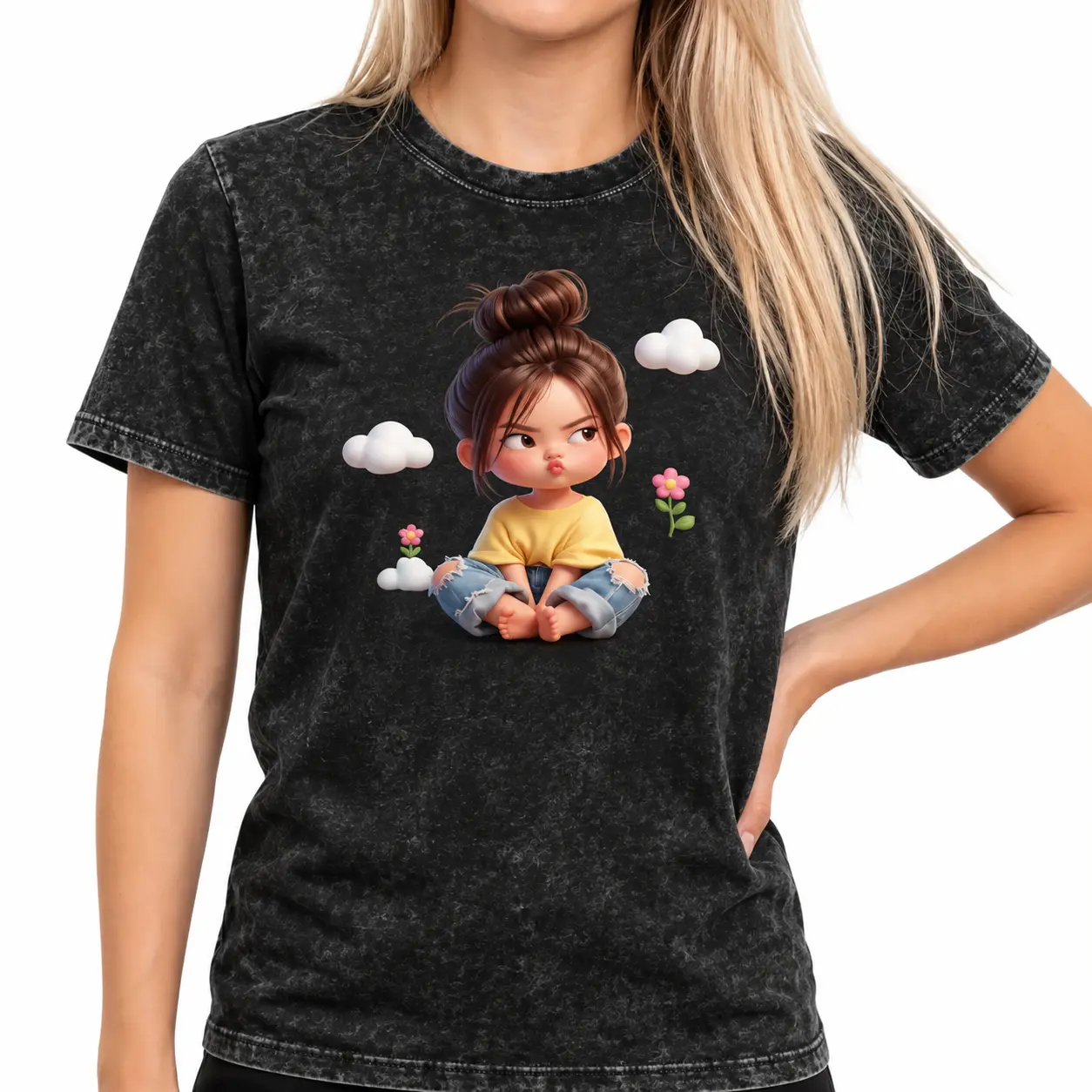Women's Premium Breathable Cotton Short Sleeve Round Neck Streetwear Tshirt - Sassy Cartoon Girl & White Cloud Pattern, Loose Cut, Medium Length, Blush Pink Aesthetic, Casual Spring Wear