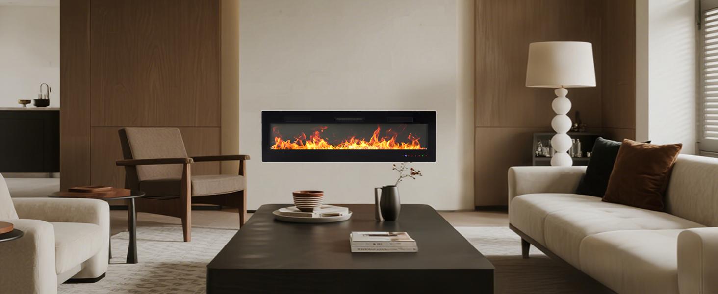 Electric Fireplace Insert, 60-inch touchscreen, remote control, 12 lighting modes/5 lighting levels, dual power supply for energy-saving heating, ETL safety certified