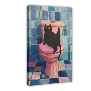 Black Cat on Pink Toilet Poster, Playful Pink Restroom Art, Bathroom Wall Art for Cat Lovers Gift