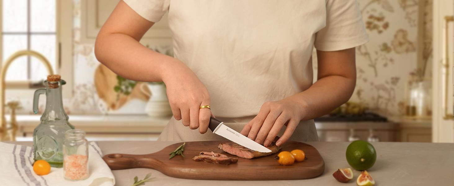 Astercook 14-Piece Kitchen Knife Set with Knife Block & Sharpener, Ceramic Coated Stainless Steel, Dishwasher Safe, Modern Home Cooking Cutting Carve