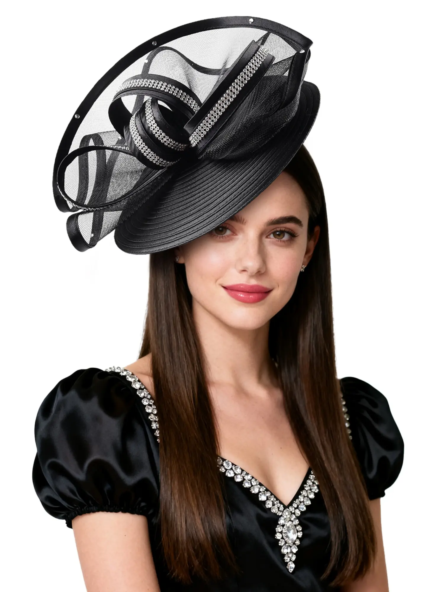 1pcs Women Fascinators Satin Veil Zigzag Headband Church Hats Bridal Wedding Party with Rhinestones Elegant Fascinator Hats