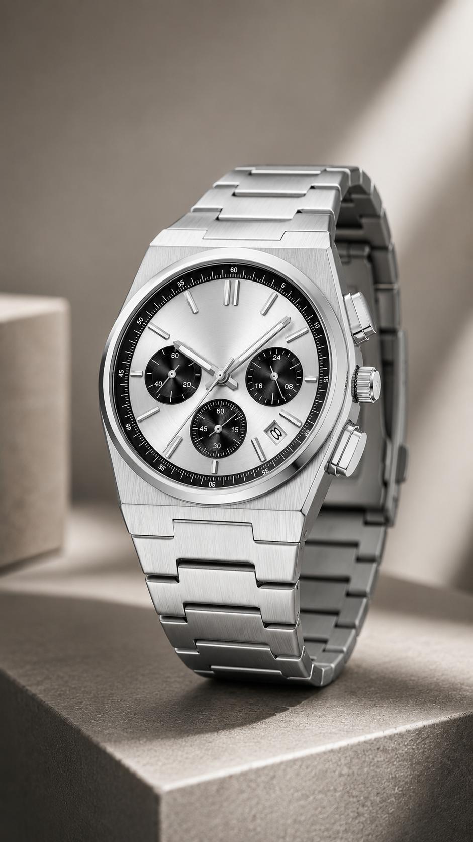 Men's Casual Business Analog Chronograph Watch, Classic Stainless Steel Metal Band, Quartz Movement, Analog Face, Round Shape, Mineral Glass, Calendar Date Display, 30M-50M Water Resistant, Clasp Closure, Daily Wear Fashion Accessory
