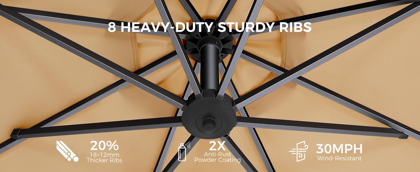 [With Base] 10ft Offset Outdoor Patio Umbrella with Base & Solar Light, Easy Tilt & Crank, Adjustable UPF 50+ UV Protection for Garden, Backyard & Poolside