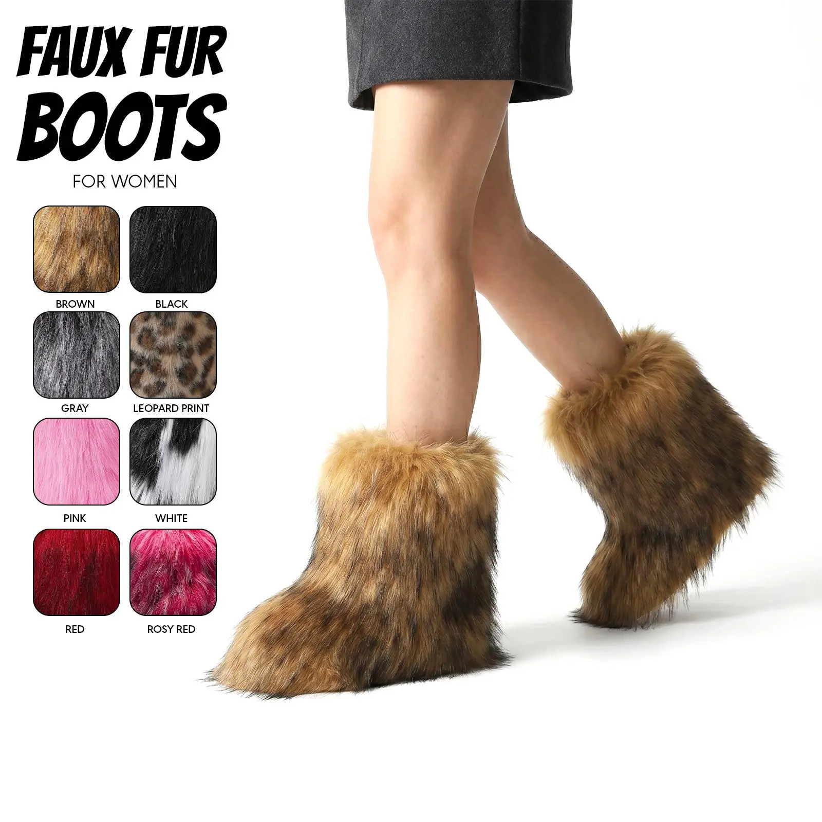 Fur Boots for Women Furry Plush Mid Calf Boots Round Toe Flat Heel Slip On Soft Faux Fur Fashion Booties Indoor Outdoor Casual Party Shoes Y2K