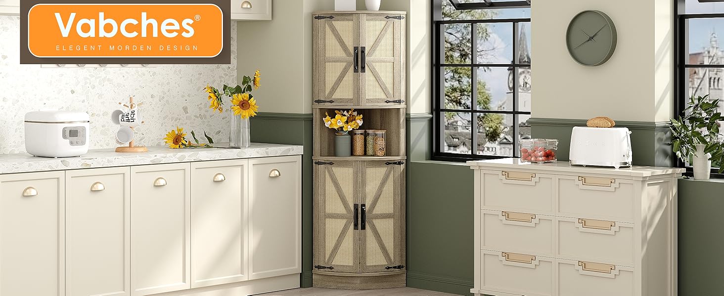 Vabches 64.8" Tall Farmhouse Corner Cabinet with 4 Doors and 5 Storage Shelves, Farmhouse Storage Cabinet with Barn Door Design, Home Space Saver for Living Room, Kitchen, Laundry Room
