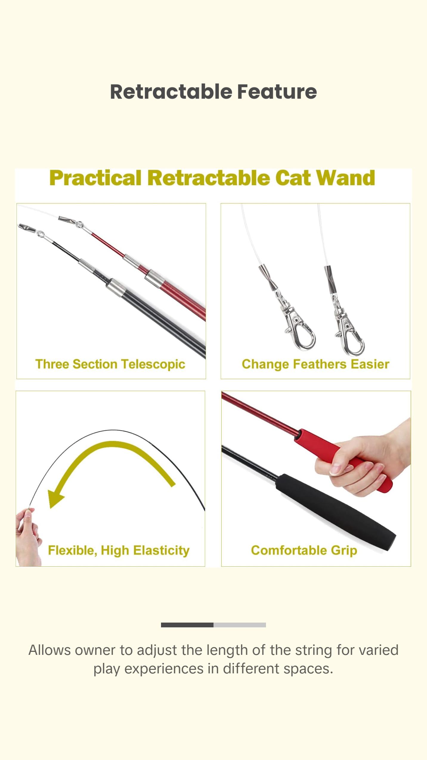 Interactive Cat Toys - Retractable Wand Toy and Feather Toys Refills for Indoor Cats to Chase and Exercise