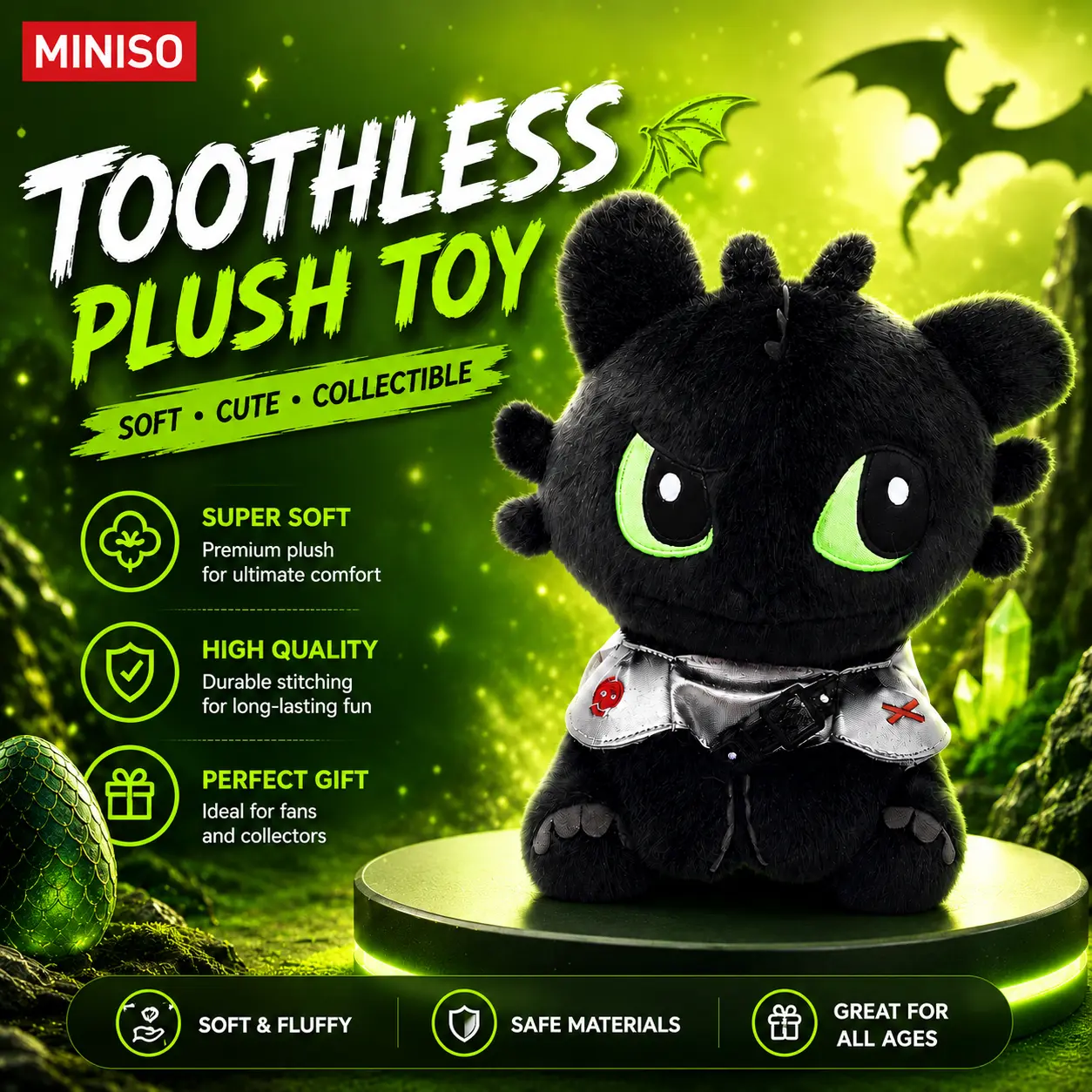 MINISO How to Train Your Dragon Toothless Sitting Plush Toy, Cute Soft Stuffed Night Fury Dragon Doll, Cuddly Collectible Gift for Kids’ Fans, Back To School