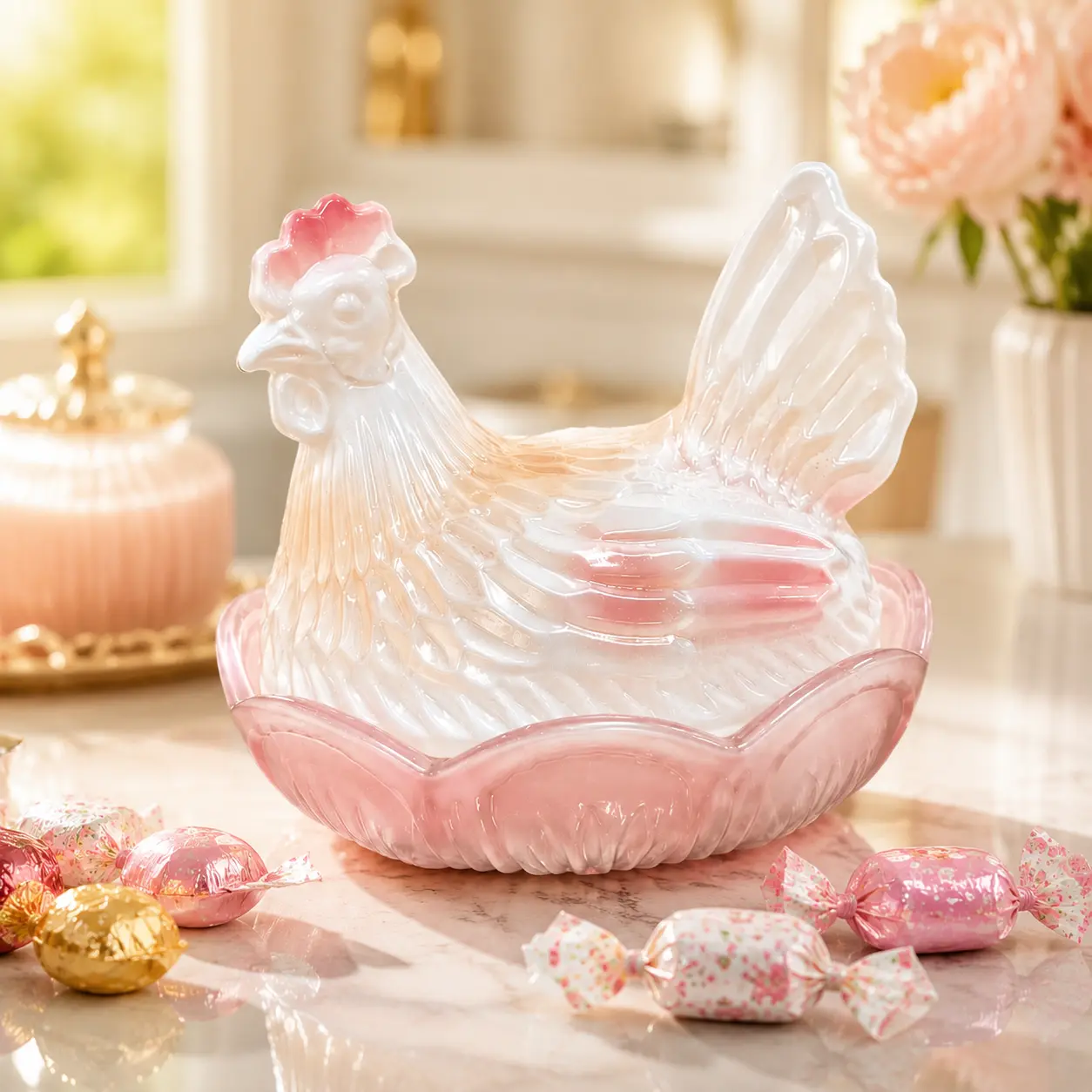 Smooth Blush Pink-White Gradient Glass Candy Jar with Lid, Hen-Shaped Storage Container for Cookies, Hand-Wash Only Farmhouse Kitchen Decor Organizer (Storage Bottles & Jars, Suitable for All Ages)