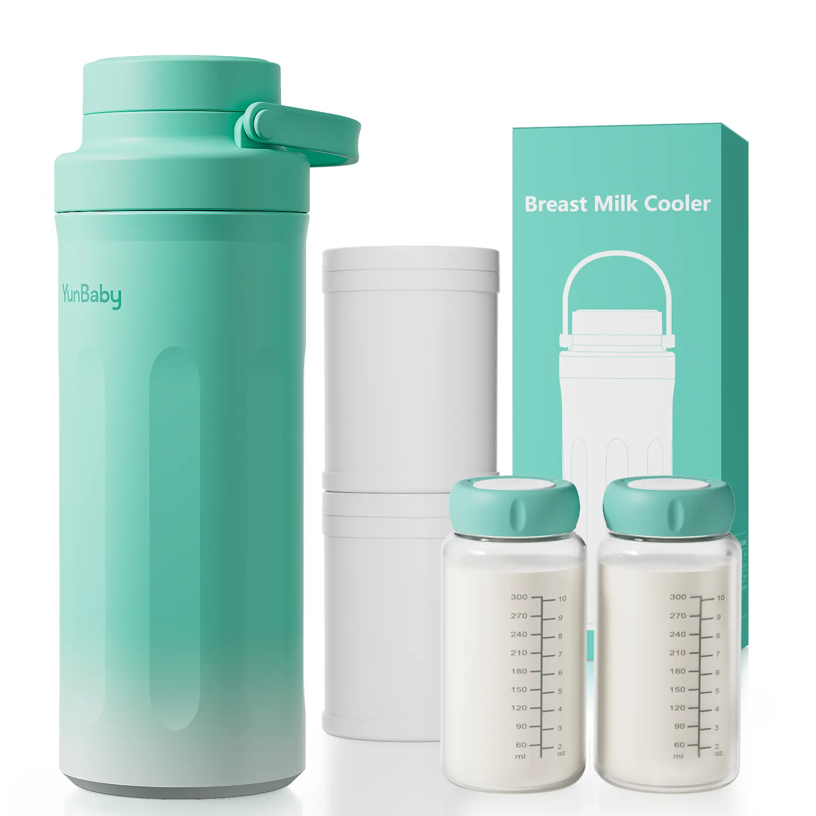 YUNBABY Breast Milk Containers, Portable Stainless Steel Cooler for Travel, 30-Hour Cooling & Leakproof, Includes Ice Pack & 2 11oz Bottles, Pumping